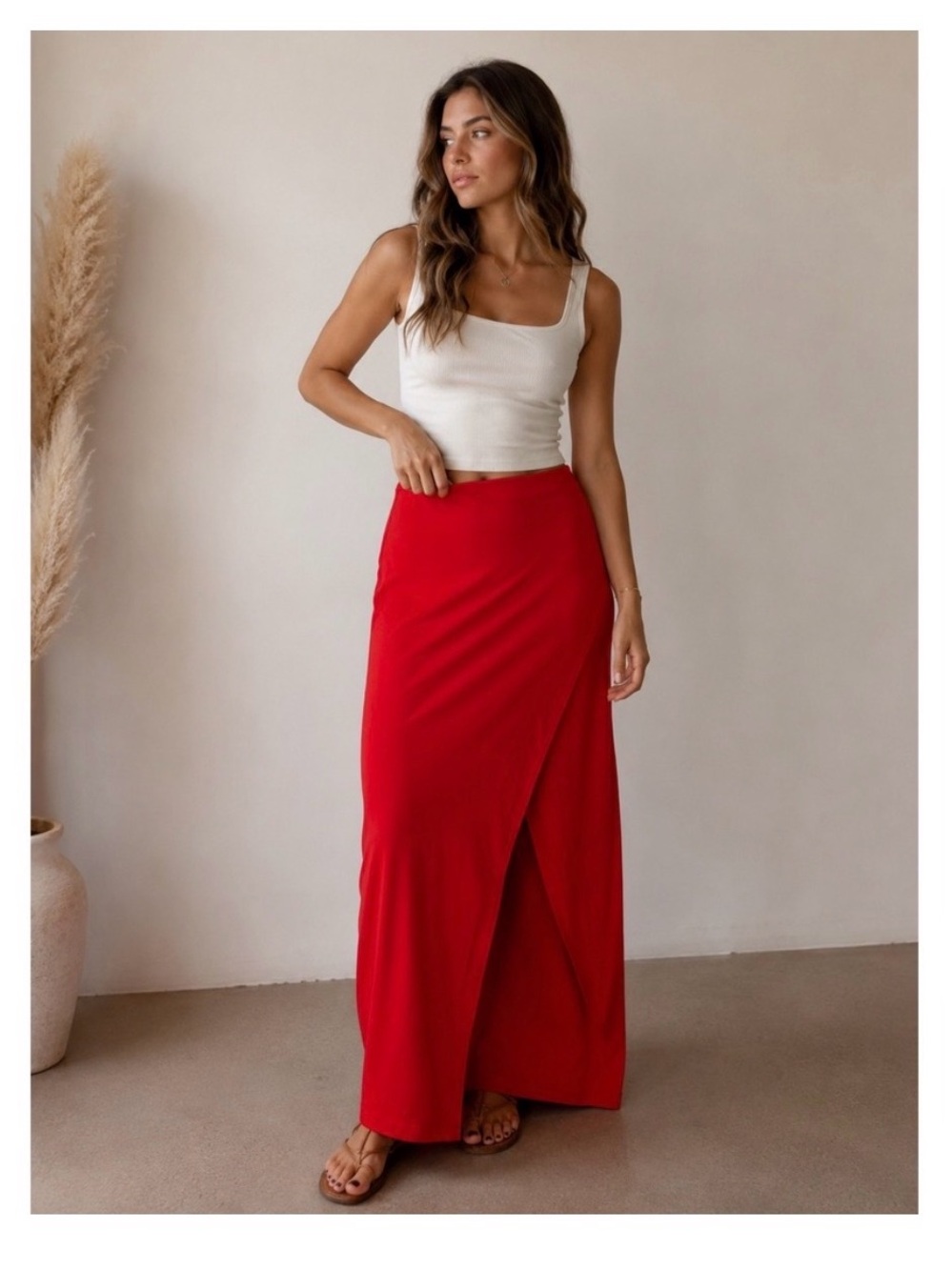 Susana Monaco Red Wrap Front High Slit Maxi Skirt XL Made in USA Stretch Nylon